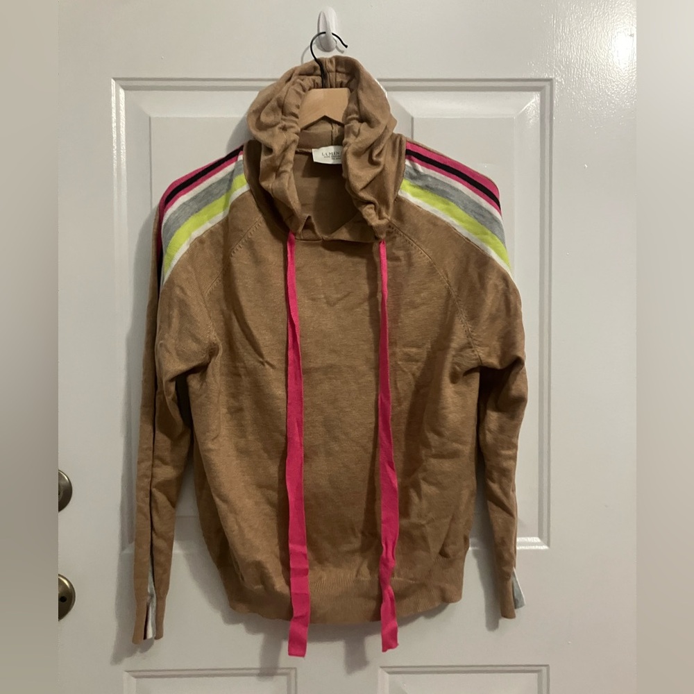 Luminary fine collection-hoodie sweater, multi colored stripes on sleeves
